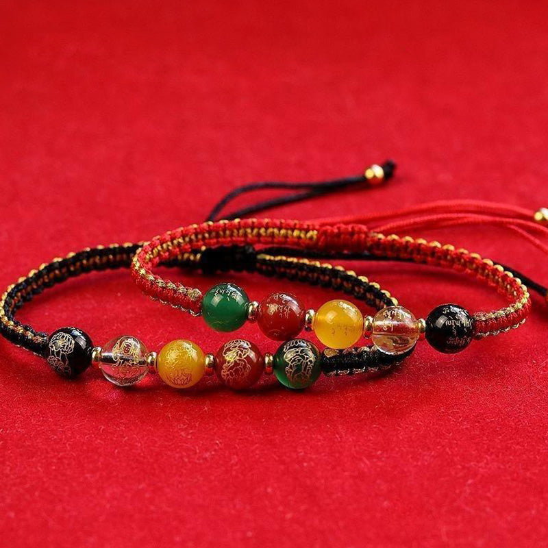 Bracelet tressé en fil de protection fait main en agate Buddha Stones et cinq directions des dieux de la richesse