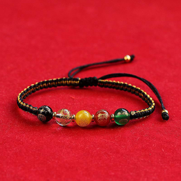 Bracelet tressé en fil de protection fait main en agate Buddha Stones et cinq directions des dieux de la richesse