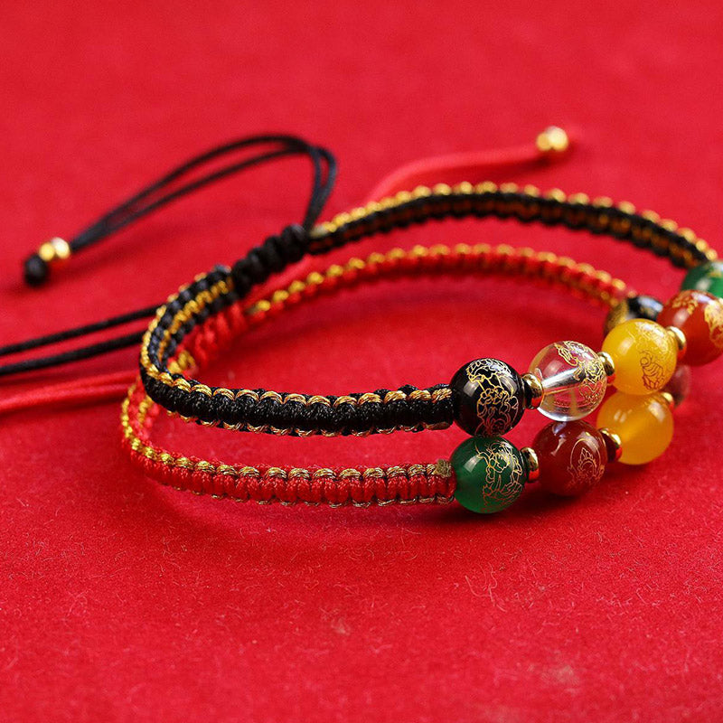Bracelet tressé en fil de protection fait main en agate Buddha Stones et cinq directions des dieux de la richesse