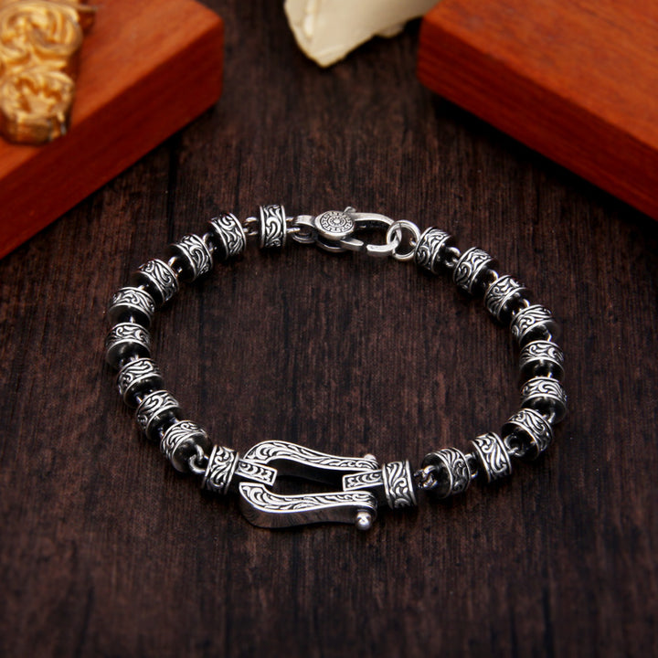 Bracelet porte-bonheur en cuivre avec motif floral de la dynastie Tang et Buddha Stones