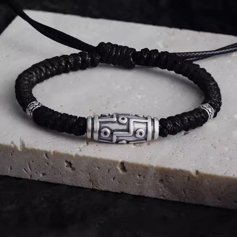 Bracelet en corde de bénédiction à neuf yeux en argent sterling 999 avec perles Dzi de Buddha Stones - 14-23 cm - image 0