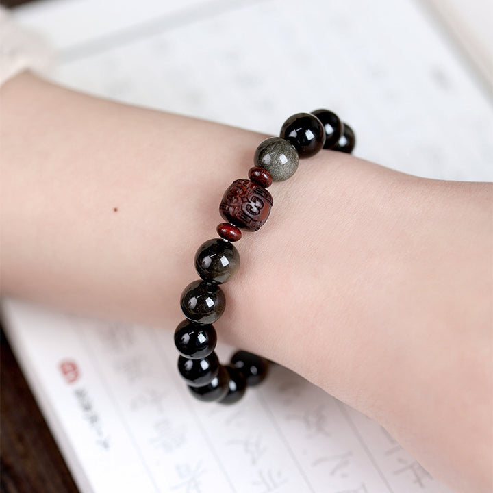Bracelet de guérison en obsidienne arc-en-ciel avec Buddha Stones et reflets dorés naturels Om Mani Padme Hum Fu