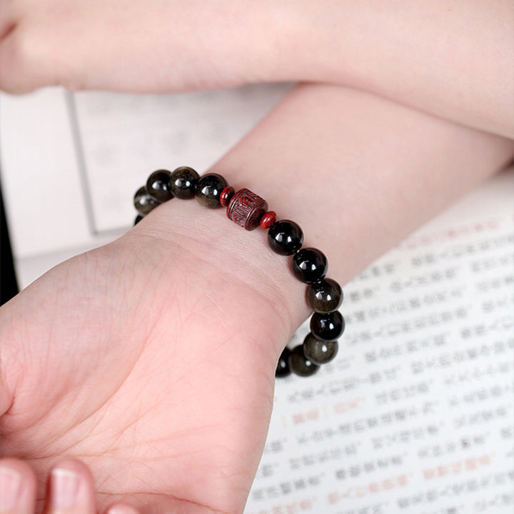 Bracelet de guérison en obsidienne arc-en-ciel avec Buddha Stones et reflets dorés naturels Om Mani Padme Hum Fu
