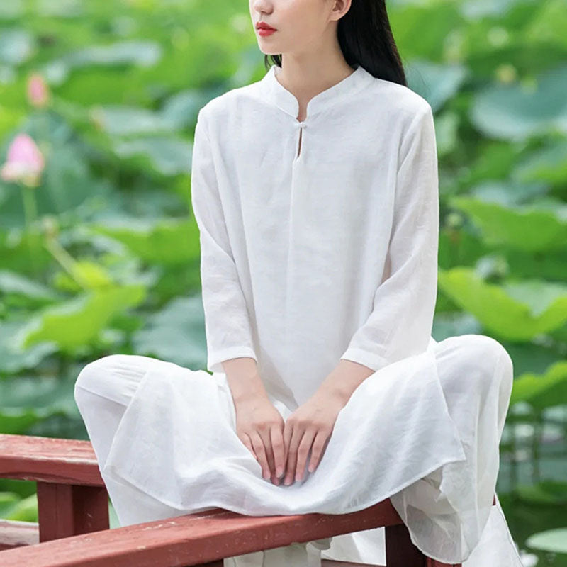 Ensemble de 2 pièces en coton et lin avec haut et pantalon pour femme Buddha Stones - Blanc (haut et pantalon) - US8-10，UK/AU12-14，EU40-42 (2XL) - image 0