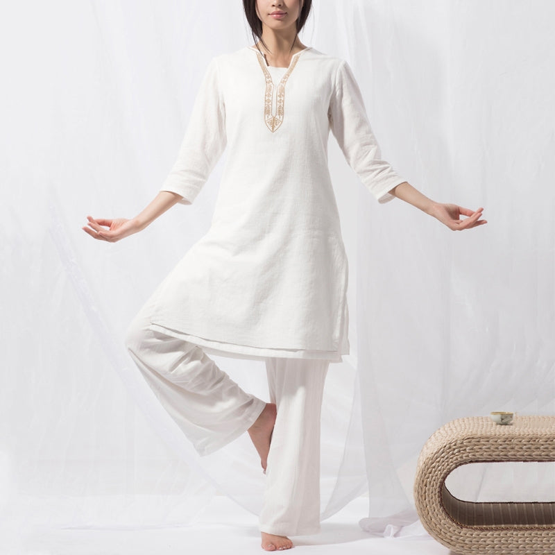 Ensemble de 2 pièces en coton avec haut et pantalon pour femme Motif Buddha Stones - Blanc (Haut et pantalon) - US8-10，UK/AU12-14，EU40-42 (2XL) - image 0