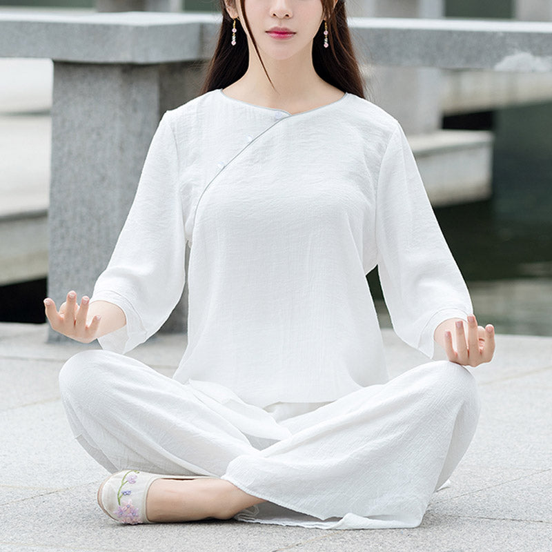 Ensemble de 2 pièces en Buddha Stones , haut et pantalon blancs au design simple, idéal pour la méditation, le yoga, le zen et le tai-chi (femme). - Blanc (Haut et pantalon) - US 8-10, UK/AU 12-14, EU 40-42 (3XL) - image 0