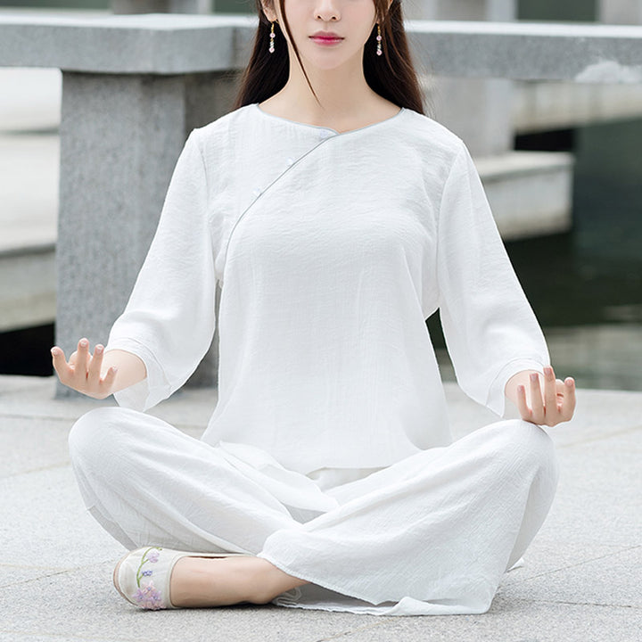 Ensemble de 2 pièces en coton et lin pour femme avec haut et pantalon blanc et Buddha Stones, design simple, méditation, yoga, zen, tai-chi - Blanc (haut et pantalon) - US8-10, UK/AU12-14, EU40-42 (3XL) - image 0