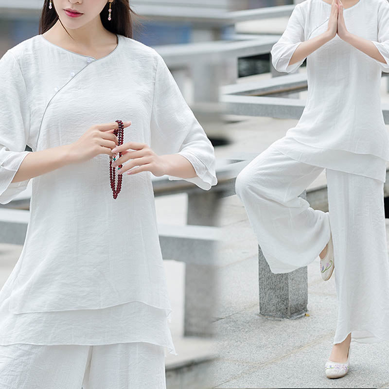 Ensemble de 2 pièces en coton et lin pour femme avec haut et pantalon blanc et Buddha Stones, design simple, méditation, yoga, zen, tai-chi - image 1