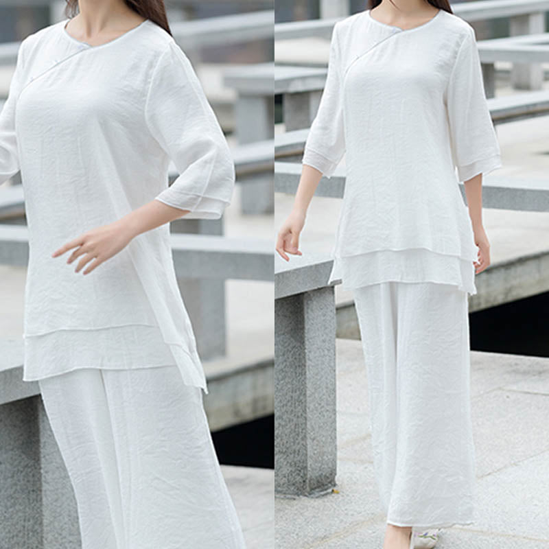 Ensemble de 2 pièces en coton et lin pour femme avec haut et pantalon blanc et Buddha Stones, design simple, méditation, yoga, zen, tai-chi - image 2