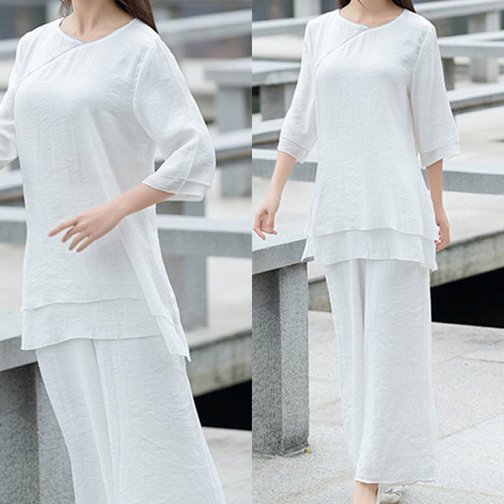 Ensemble de 2 pièces en coton et lin pour femme avec haut et pantalon blanc et Buddha Stones, design simple, méditation, yoga, zen, tai-chi - image 2