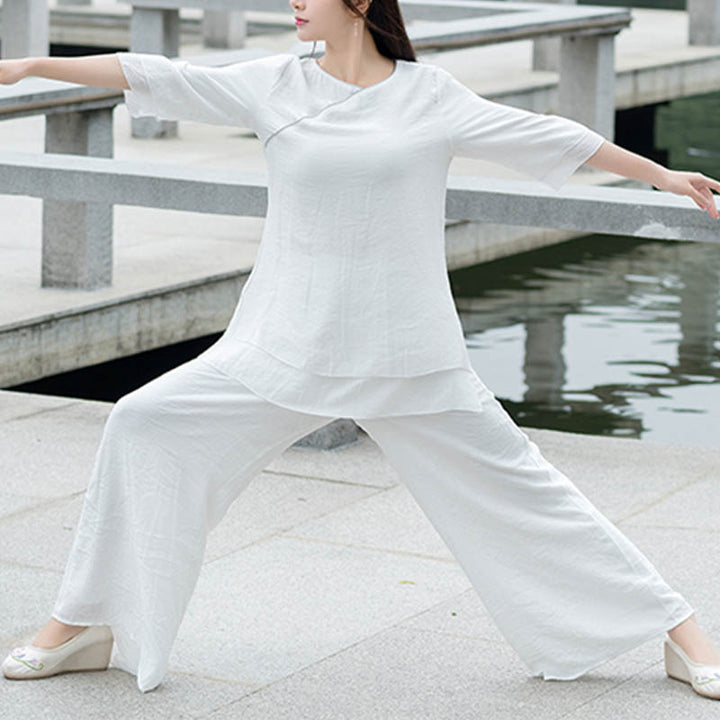 Ensemble de 2 pièces en coton et lin pour femme avec haut et pantalon blanc et Buddha Stones, design simple, méditation, yoga, zen, tai-chi - image 4