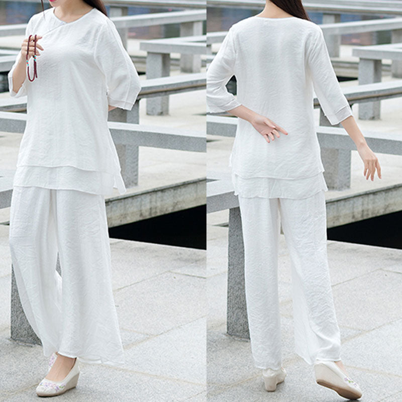 Ensemble de 2 pièces en coton et lin pour femme avec haut et pantalon blanc et Buddha Stones, design simple, méditation, yoga, zen, tai-chi - image 3