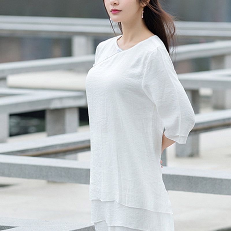 Ensemble de 2 pièces en coton et lin pour femme avec haut et pantalon blanc et Buddha Stones, design simple, méditation, yoga, zen, tai-chi - image 7
