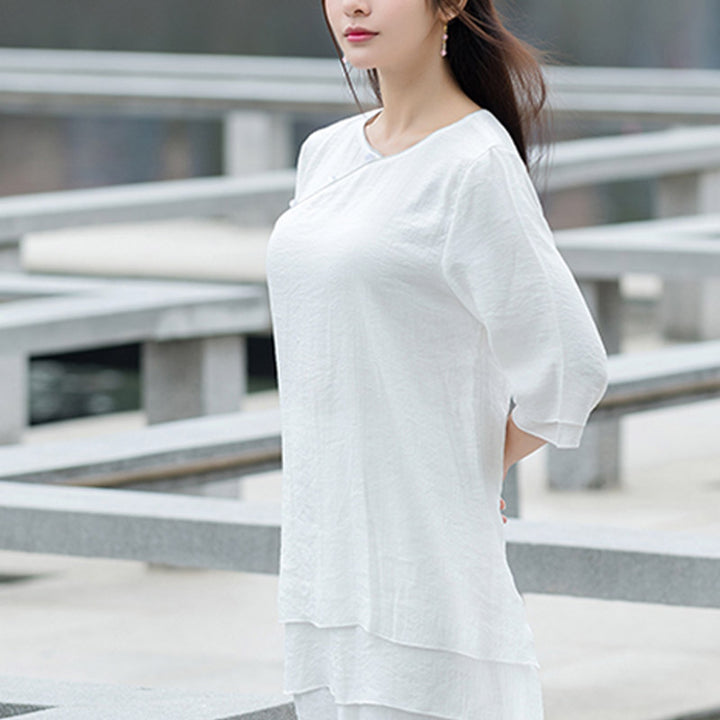 Ensemble de 2 pièces en coton et lin pour femme avec haut et pantalon blanc et Buddha Stones, design simple, méditation, yoga, zen, tai-chi - image 7