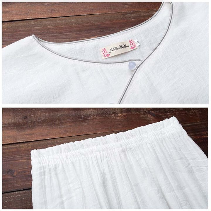 Ensemble de 2 pièces en coton et lin pour femme avec haut et pantalon blanc et Buddha Stones, design simple, méditation, yoga, zen, tai-chi - image 9