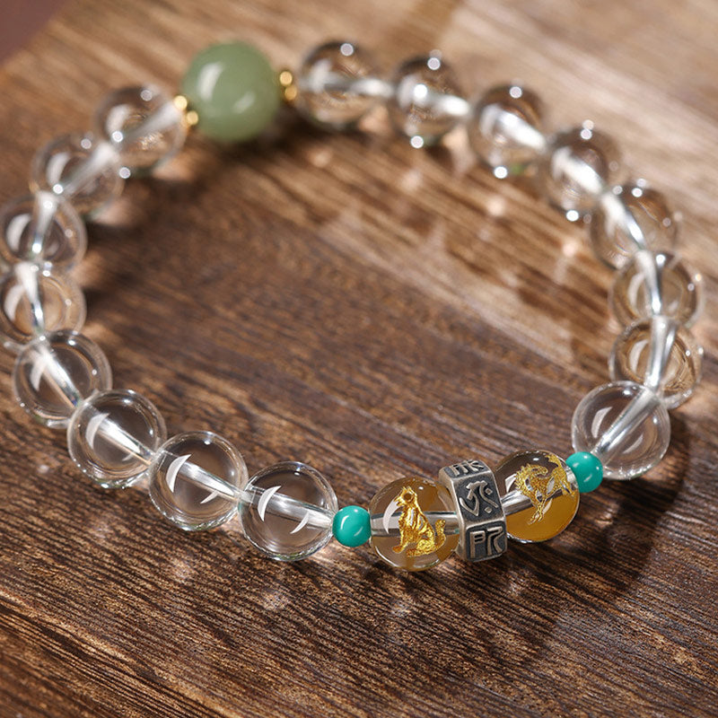 Bracelet de guérison en jade Hetian en cristal blanc avec Buddha Stones en argent sterling 925 et signes du zodiaque chinois - Groupes porte-bonheur du Cochon : Cochon/Lapin/Chèvre - 10 mm (Tour de poignet 14-16 cm) - image 0