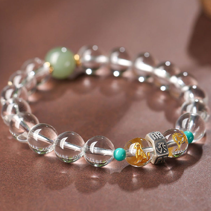 Bracelet de guérison en jade Hetian en cristal blanc avec Buddha Stones en argent sterling 925 et signes du zodiaque chinois - Groupes porte-bonheur du Cochon : Cochon/Lapin/Chèvre - 12 mm (Tour de poignet 14-16 cm) - image 1