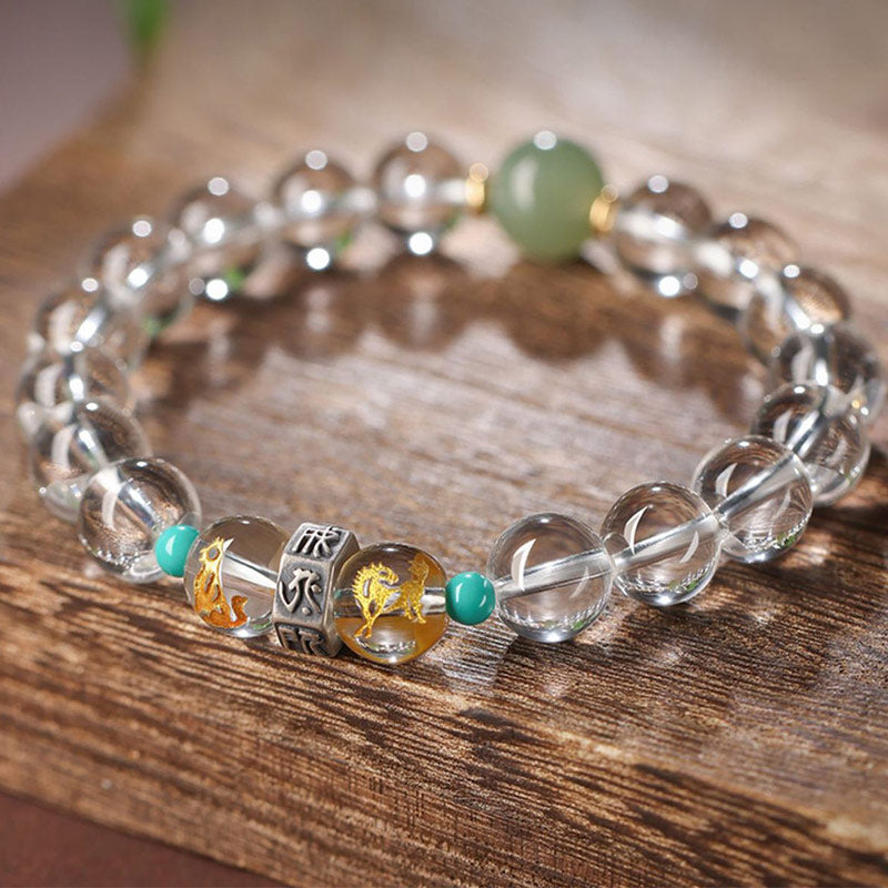 Bracelet de guérison en jade Hetian en cristal blanc avec Buddha Stones en argent sterling 925 et signes du zodiaque chinois