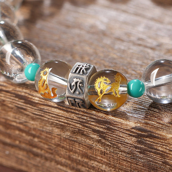 Bracelet de guérison en jade Hetian en cristal blanc avec Buddha Stones en argent sterling 925 et signes du zodiaque chinois