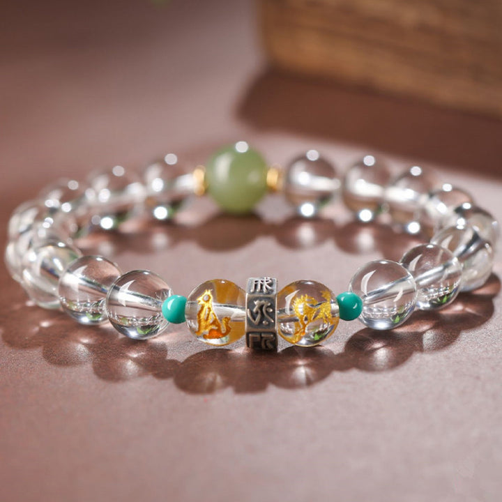 Bracelet de guérison en jade Hetian en cristal blanc avec Buddha Stones en argent sterling 925 et signes du zodiaque chinois