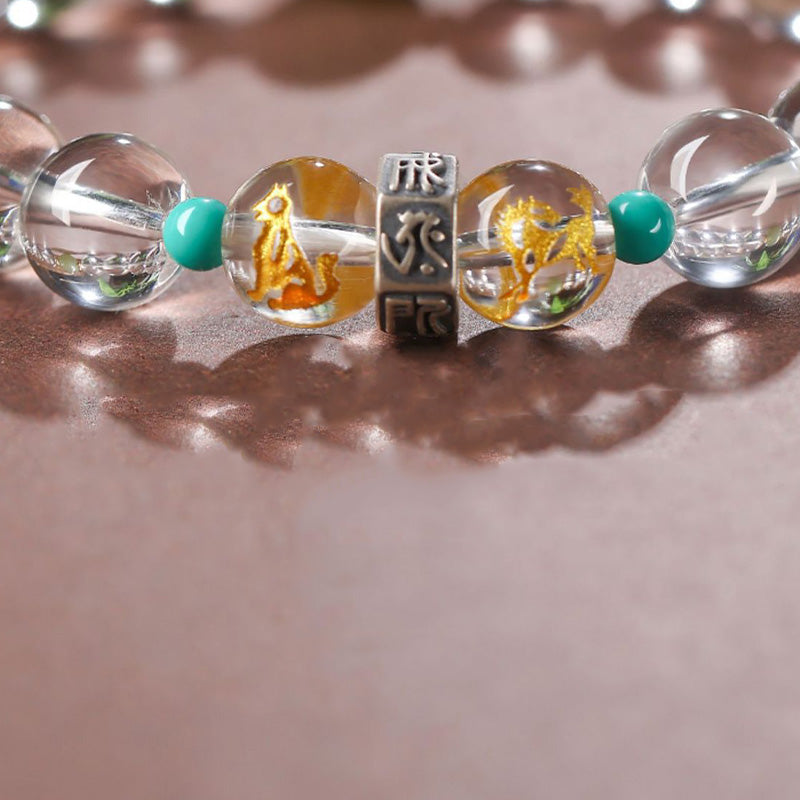 Bracelet de guérison en jade Hetian en cristal blanc avec Buddha Stones en argent sterling 925 et signes du zodiaque chinois