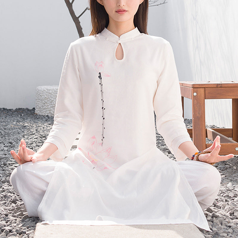 Ensemble de 2 pièces en Buddha Stones et lin avec haut et pantalon pour femme Motif lotus Tai Chi Méditation Yoga - Blanc (Haut et pantalon) - US12，UK/AU16，EU44 (2XL)  - image 0