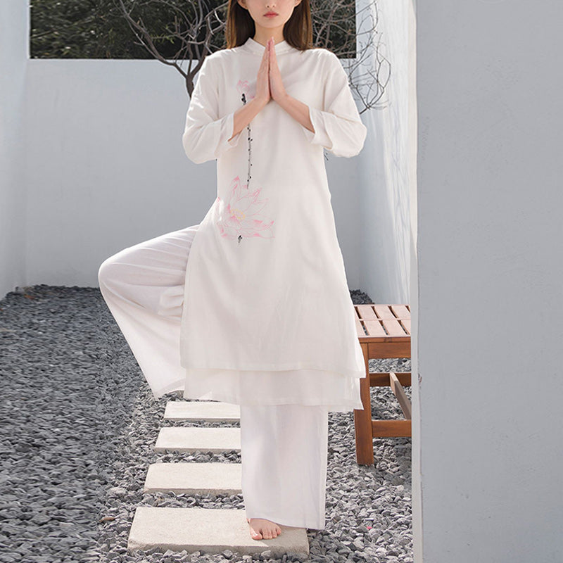 Ensemble de 2 pièces en Buddha Stones et lin avec haut et pantalon pour femme Motif lotus Tai Chi Méditation Yoga - image 1