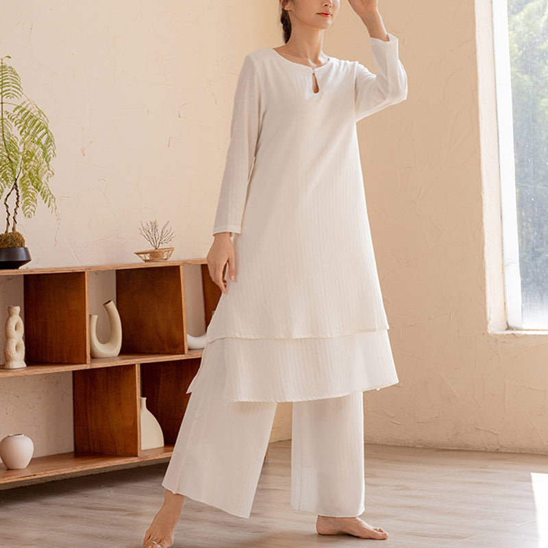 Ensemble de 2 pièces Buddha Stones haut et pantalon pour femme, design simple, pour la méditation, le yoga, le Tai Chi - Blanc (Haut et pantalon) - US14，UK/AU18，EU46 (2XL)  - image 0