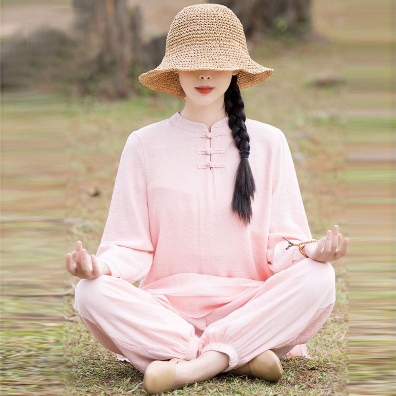 Ensemble de 2 pièces en coton et lin pour femme avec haut et pantalon uni Motif Buddha Stones Yoga Zen Tai Chi - image 1