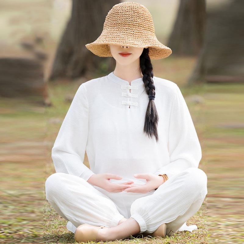 Ensemble de 2 pièces en coton et lin pour femme avec haut et pantalon uni Motif Buddha Stones Yoga Zen Tai Chi - Bouton grenouille chinoise blanche sur le devant (haut et pantalon) - US8-10，UK/AU12-14，EU40-42 (2XL) - image 16