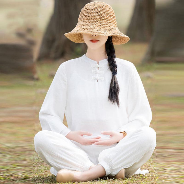 Ensemble de 2 pièces en coton et lin pour femme avec haut et pantalon uni Motif Buddha Stones Yoga Zen Tai Chi - Bouton grenouille chinoise blanche sur le devant (haut et pantalon) - US8-10，UK/AU12-14，EU40-42 (2XL) - image 16