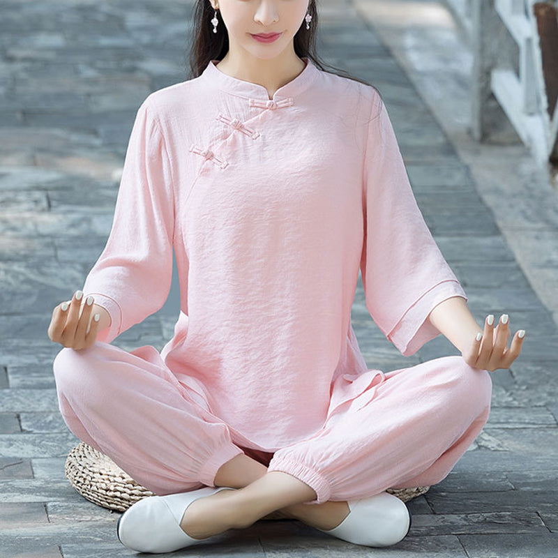 Ensemble de 2 pièces en coton et lin pour femme avec haut et pantalon uni Motif Buddha Stones Yoga Zen Tai Chi - Bouton grenouille chinoise rose (Haut et pantalon) - US8-10，UK/AU12-14，EU40-42 (2XL) - image 26