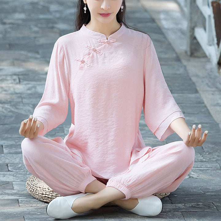 Ensemble de 2 pièces en coton et lin pour femme avec haut et pantalon uni Motif Buddha Stones Yoga Zen Tai Chi - Bouton grenouille chinoise rose (Haut et pantalon) - US8-10，UK/AU12-14，EU40-42 (2XL) - image 26