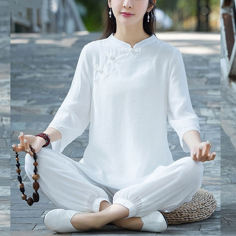 Ensemble de 2 pièces en coton et lin pour femme avec haut et pantalon uni Motif Buddha Stones Yoga Zen Tai Chi - Bouton grenouille chinois blanc (Haut et pantalon) - US8-10，UK/AU12-14，EU40-42 (2XL) - image 25
