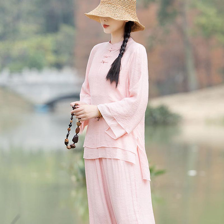 Ensemble de 2 pièces en coton et lin pour femme avec haut et pantalon uni Motif Buddha Stones Yoga Zen Tai Chi - image 2