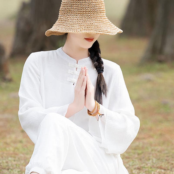 Ensemble de 2 pièces en coton et lin pour femme avec haut et pantalon uni Motif Buddha Stones Yoga Zen Tai Chi - image 18