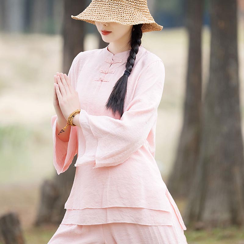 Ensemble de 2 pièces en coton et lin pour femme avec haut et pantalon uni Motif Buddha Stones Yoga Zen Tai Chi - image 12