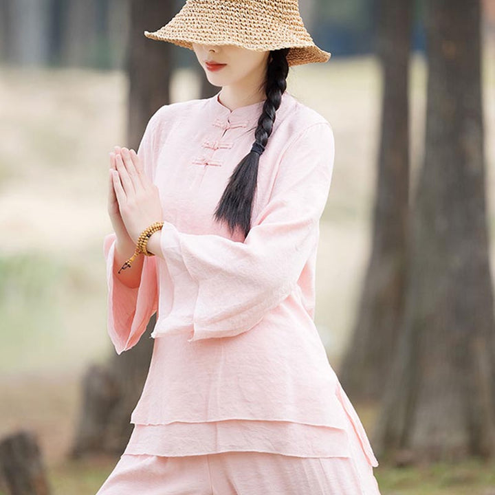 Ensemble de 2 pièces en coton et lin pour femme avec haut et pantalon uni Motif Buddha Stones Yoga Zen Tai Chi - image 12