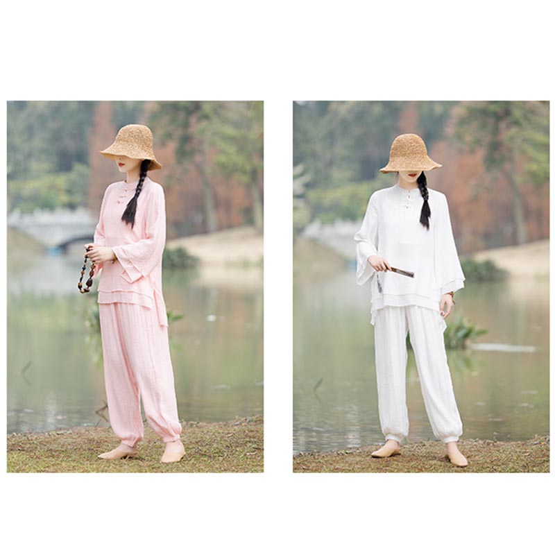 Ensemble de 2 pièces en coton et lin pour femme avec haut et pantalon uni Motif Buddha Stones Yoga Zen Tai Chi - image 22