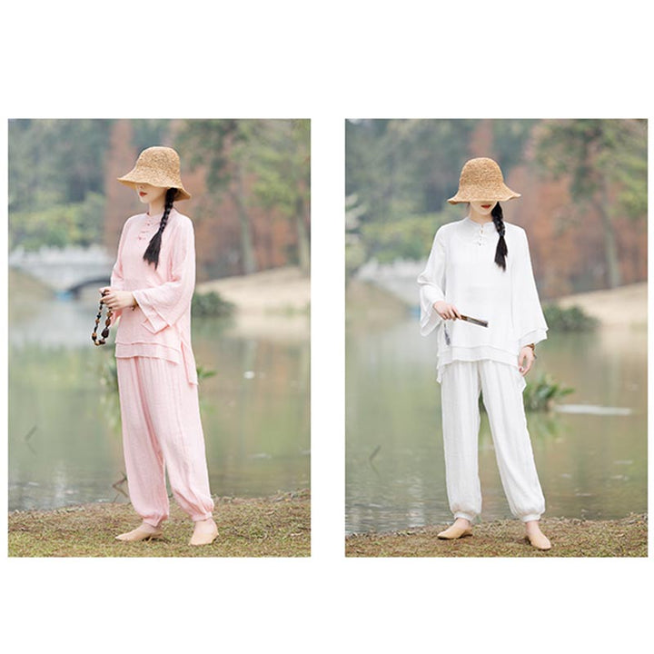 Ensemble de 2 pièces en coton et lin pour femme avec haut et pantalon uni Motif Buddha Stones Yoga Zen Tai Chi - image 22