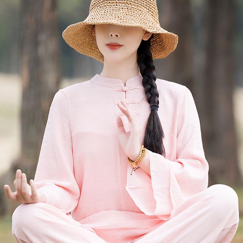 Ensemble de 2 pièces en coton et lin pour femme avec haut et pantalon uni Motif Buddha Stones Yoga Zen Tai Chi - image 14