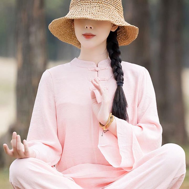 Ensemble de 2 pièces en coton et lin pour femme avec haut et pantalon uni Motif Buddha Stones Yoga Zen Tai Chi - image 14