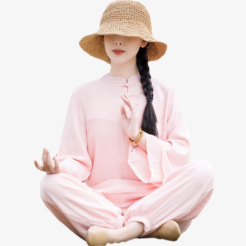 Ensemble de 2 pièces en coton et lin pour femme avec haut et pantalon uni Motif Buddha Stones Yoga Zen Tai Chi - image 15