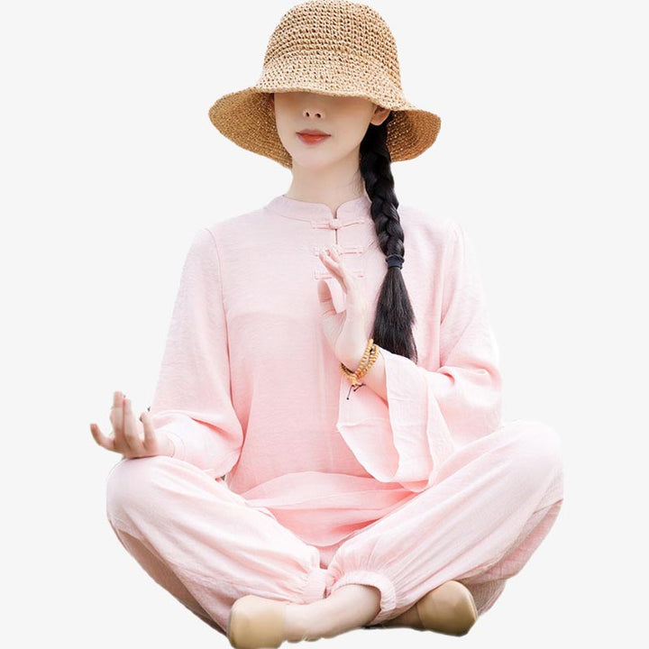 Ensemble de 2 pièces en coton et lin pour femme avec haut et pantalon uni Motif Buddha Stones Yoga Zen Tai Chi - image 15