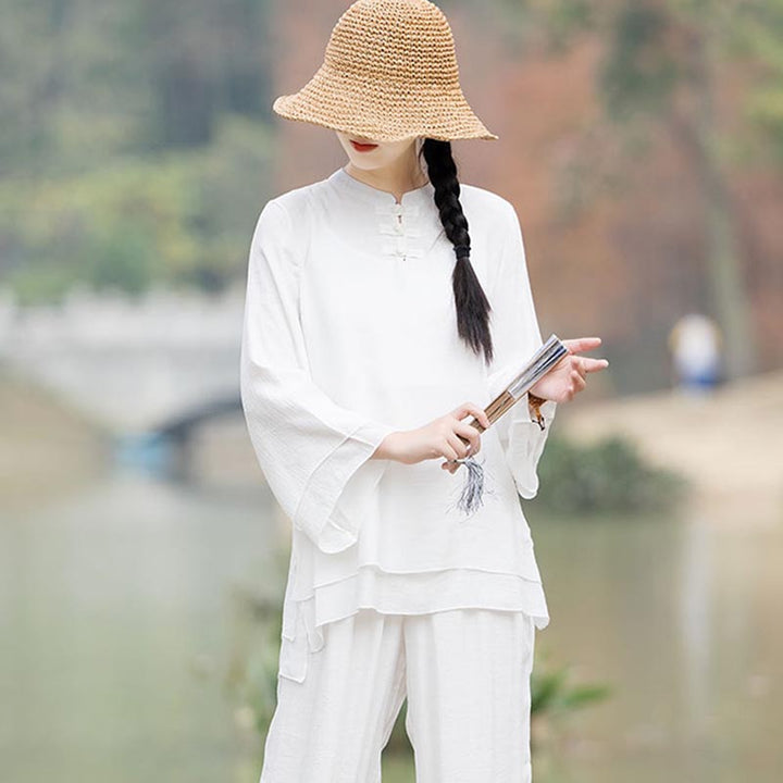 Ensemble de 2 pièces en coton et lin pour femme avec haut et pantalon uni Motif Buddha Stones Yoga Zen Tai Chi - image 17