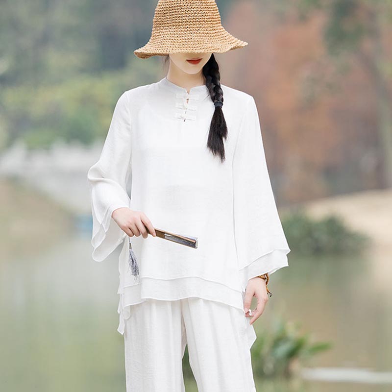 Ensemble de 2 pièces en coton et lin pour femme avec haut et pantalon uni Motif Buddha Stones Yoga Zen Tai Chi - image 21