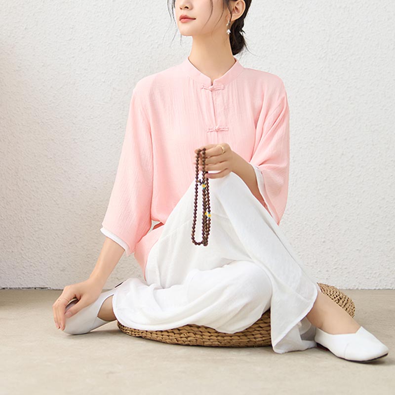 Ensemble de 2 pièces en Buddha Stones haut et pantalon en forme de grenouille chinoise simple pour méditation, yoga, zen, tai-chi - image 1