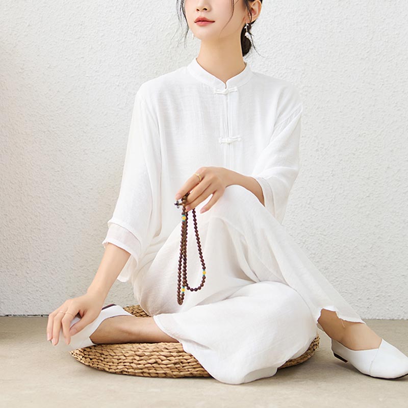 Ensemble de 2 pièces en Buddha Stones haut et pantalon en forme de grenouille chinoise simple pour méditation, yoga, zen, tai-chi - Blanc (Haut et pantalon) - US12，UK/AU16，EU44 (2XL) - image 8