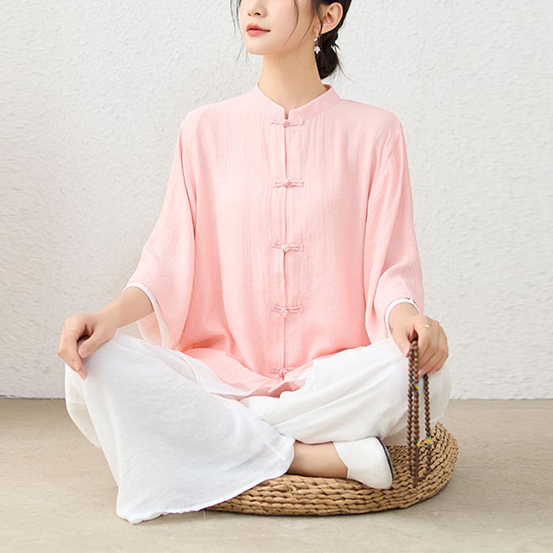 Ensemble de 2 pièces en Buddha Stones haut et pantalon en forme de grenouille chinoise simple pour méditation, yoga, zen, tai-chi - Haut rose et pantalon blanc - US12，UK/AU16，EU44 (2XL) - image 0