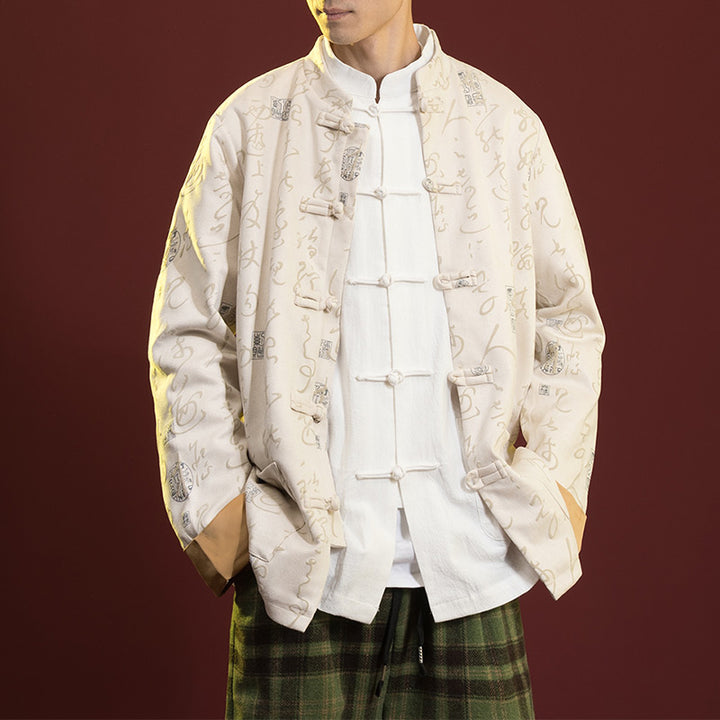 Buddha Stones Calligraphie chinoise Vêtements Veste Manteau Costume Tang Vêtements pour hommes - Beige (Haut uniquement) - US/UK/AU46，EU56 (5XL)  - image 6